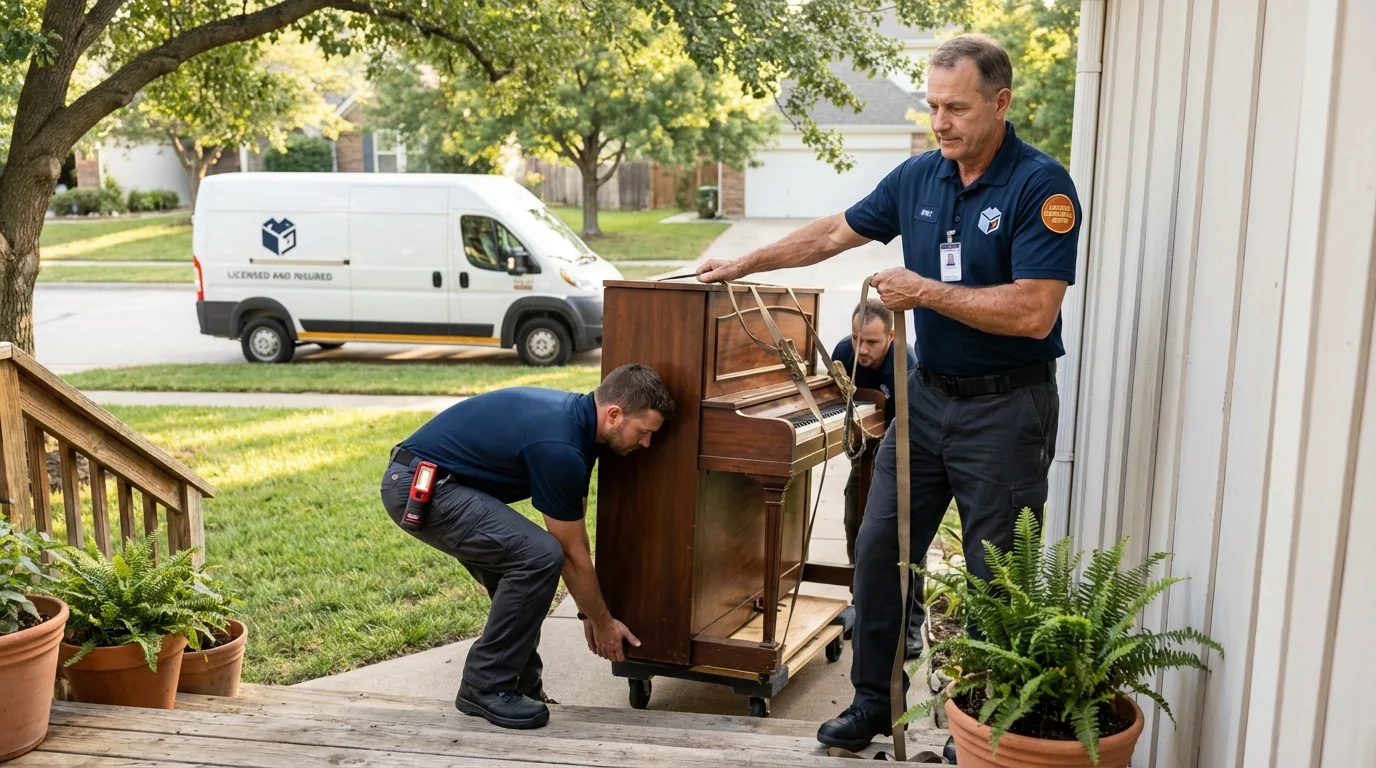 Licensed piano movers securing grand piano in Etna, ME