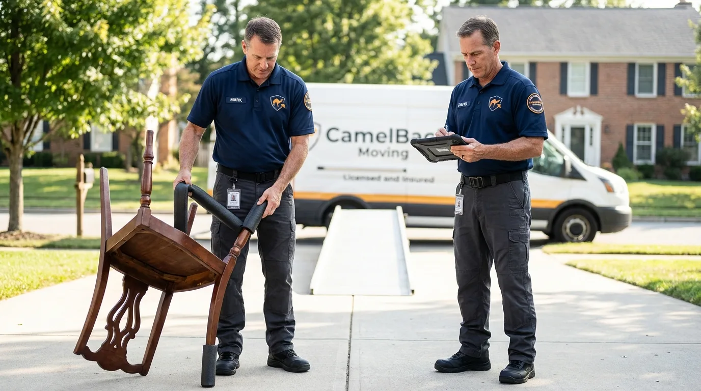 Movers inspecting furniture for damage prevention before loading in Etna, ME
