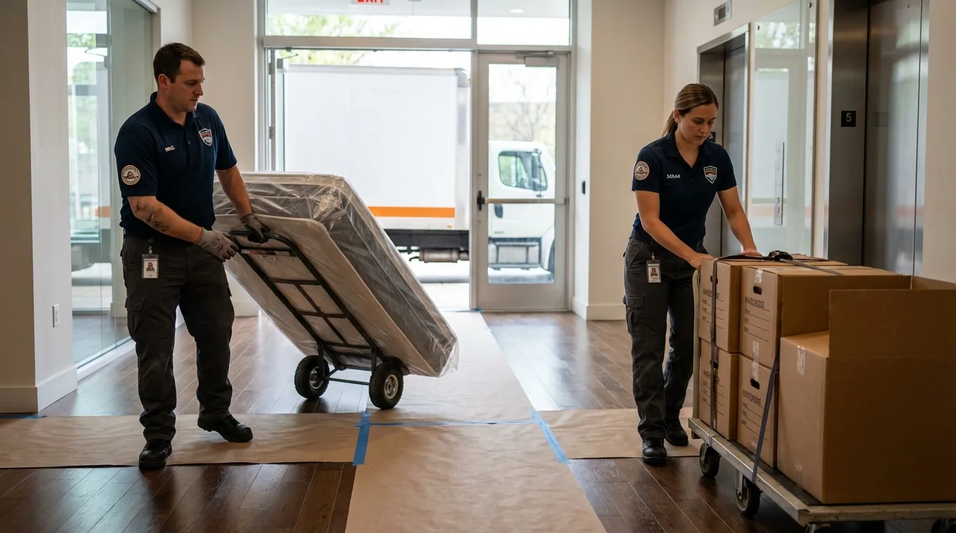 Professional apartment movers loading elevator in Etna, ME