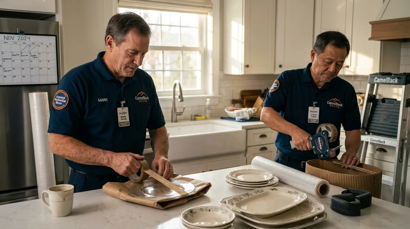 Professional crew packing kitchen dishware in Etna, ME